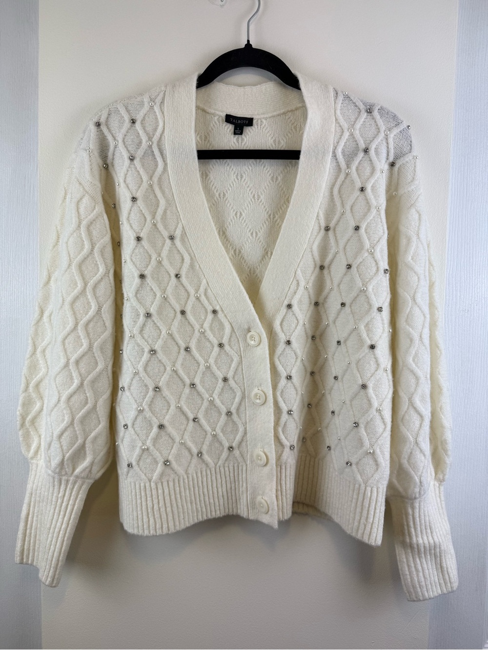 Talbots Ivory Pearl Rhinestone Cable Knit Cardigan Sweater Small Wool Blend